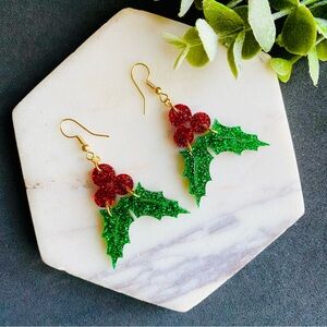 Christmas Earrings Holly berry Mistletoe Holly leaf Christmas jewelry